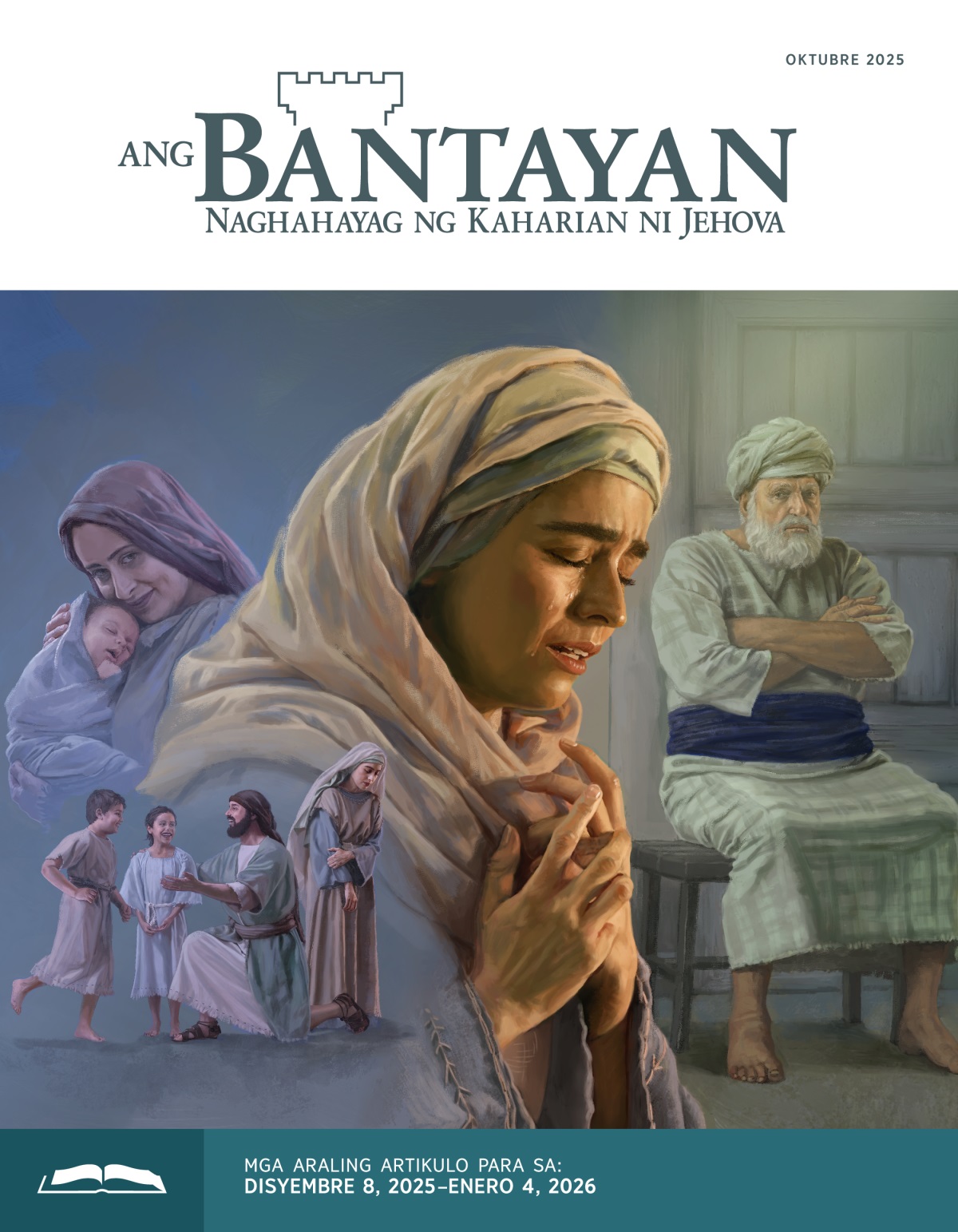 Collage: 1. Malungkot na tumalikod si Hana habang nakikipaglaro si Elkana sa dalawang anak nito. 2. Nakangiti si Penina habang karga ang bagong silang niyang anak. 3. Umiiyak si Hana habang marubdob na nananalangin. 4. Nakaupo ang mataas na saserdoteng si Eli habang nakatingin nang masama kay Hana.