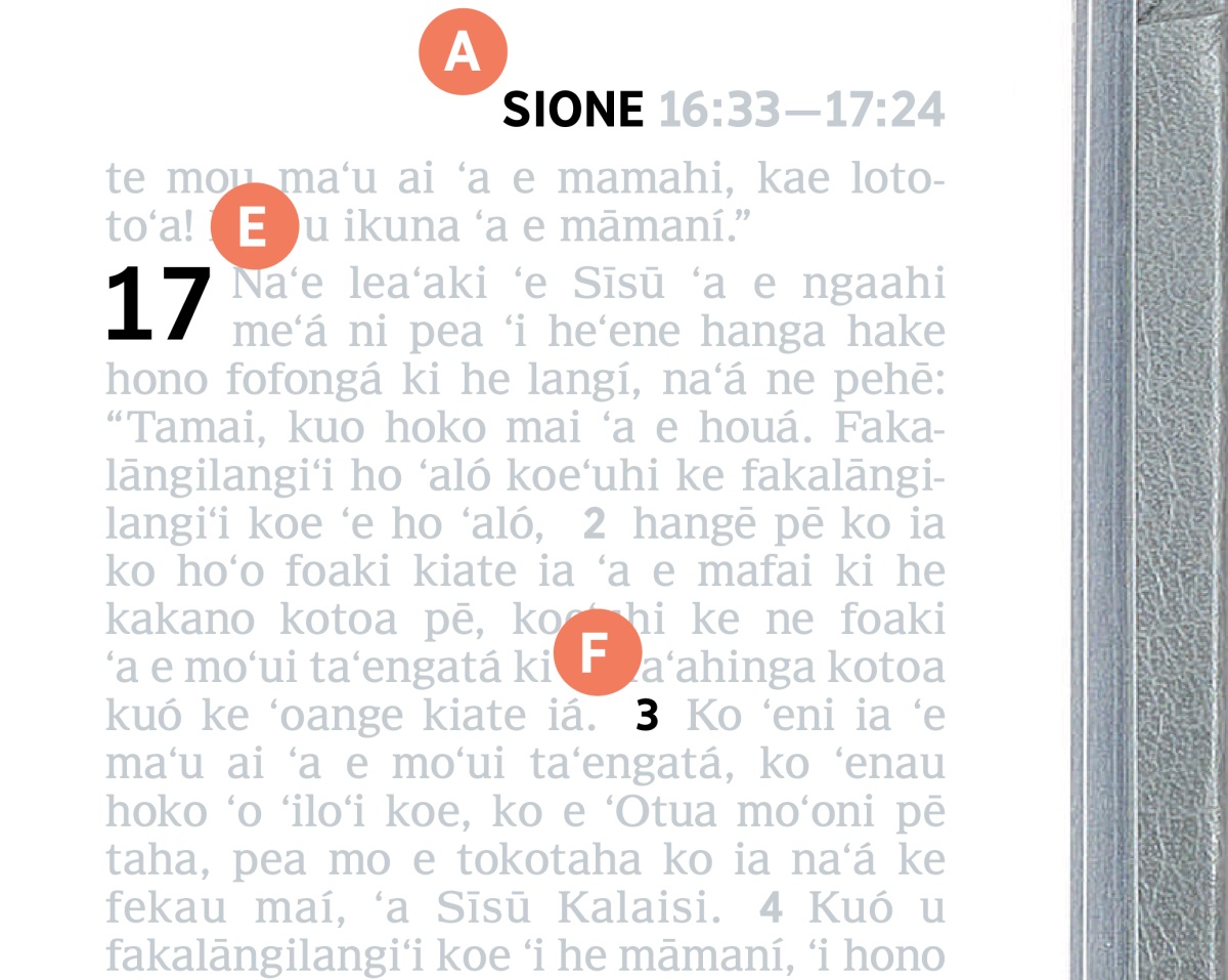 ʻOku fakahaaʻi ʻi he fakaʻilongá ʻa e A, E, mo e F ʻi ha peesi ʻi he Tohi Tapú.