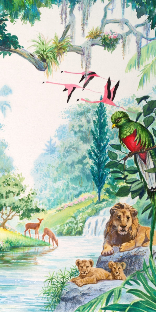 Leones, aves y ciervos en el jardín de Edén