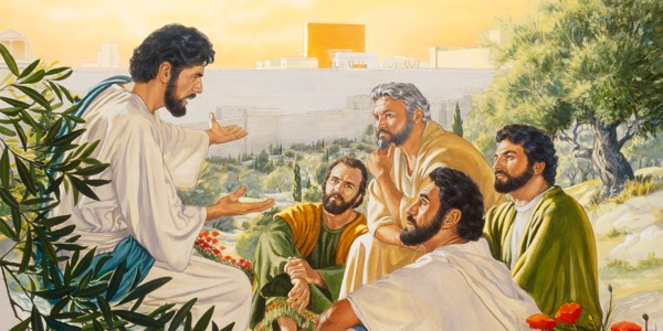 Jesús habla con varios apóstoles en el monte de los Olivos