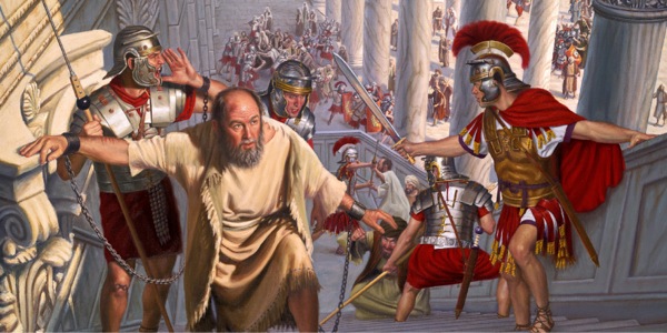 Soldados romanos ayudan a Pablo a escapar de una multitud enfurecida