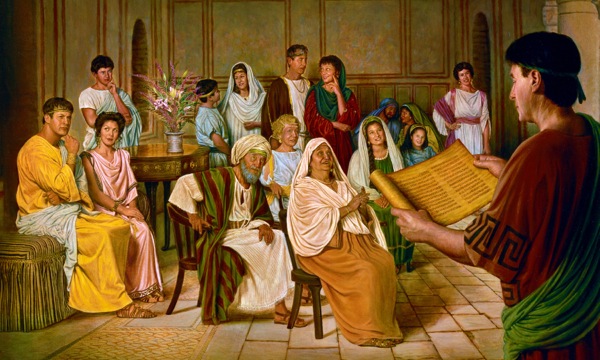 Miembros de una de las primeras congregaciones cristianas escuchan la lectura de una carta de Pablo