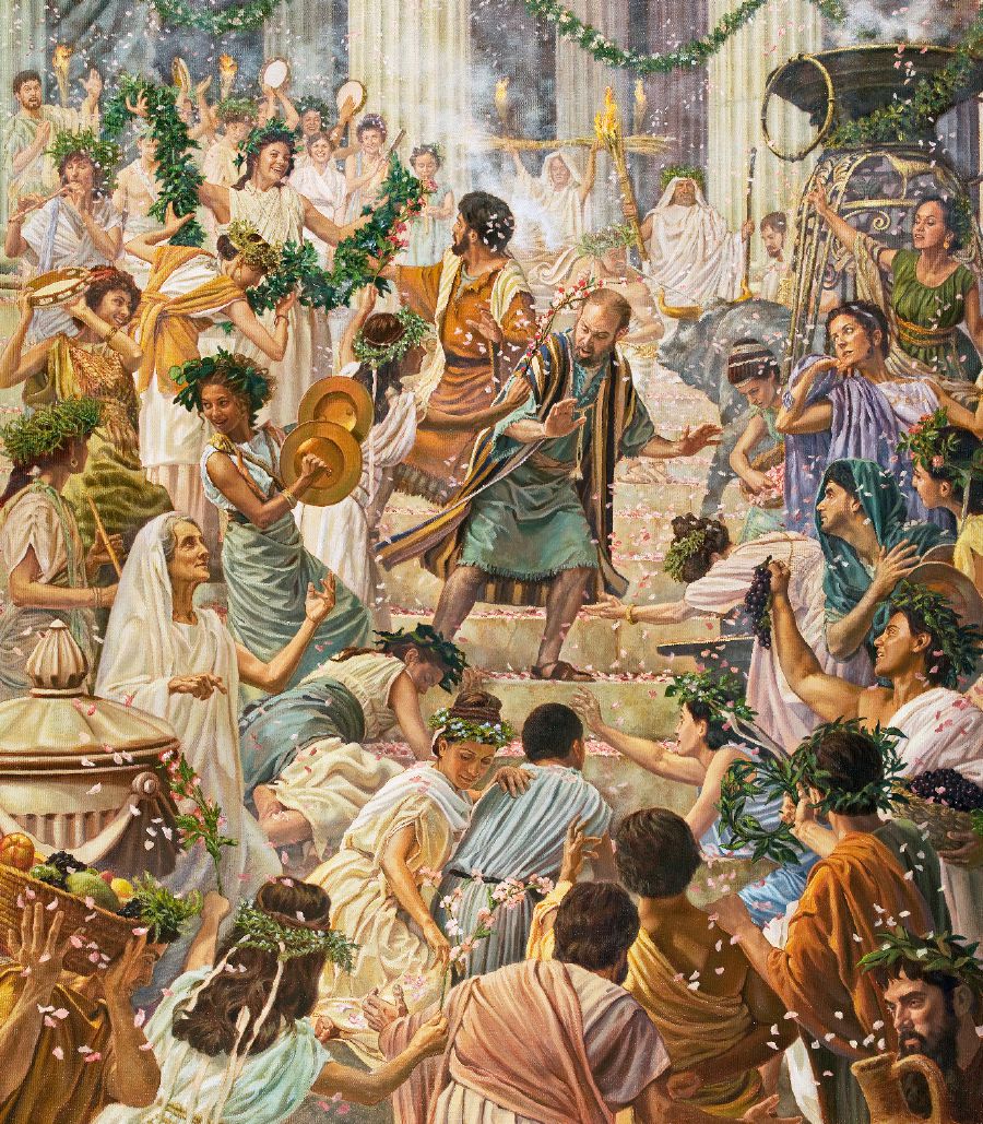 Pablo y Bernabé rechazando las alabanzas de la gente de Listra. La gente está tocando música, preparando sacrificios e inclinándose ante ellos dos.
