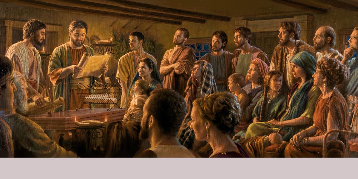 Silas y Judas leyendo un rollo ante la congregación de Antioquía de Siria.
