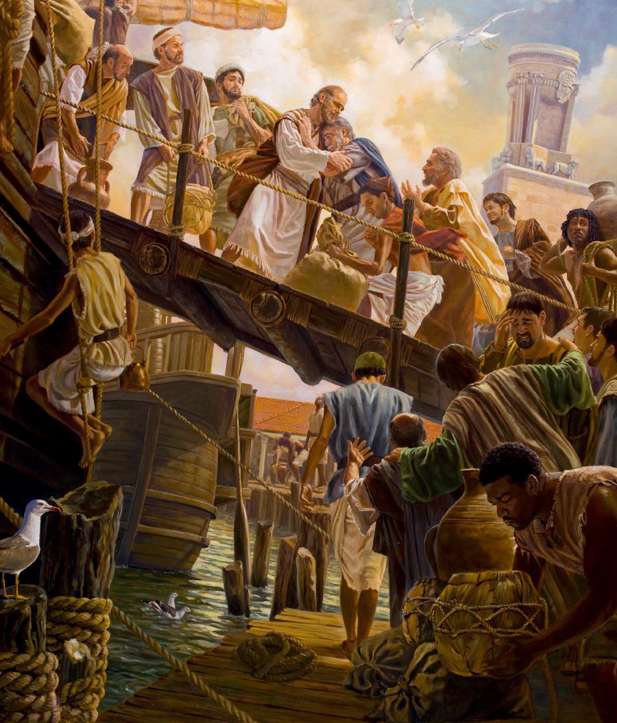 Pablo y sus compañeros subiendo a un barco mientras los ancianos de Éfeso lloran y abrazan con cariño a Pablo.