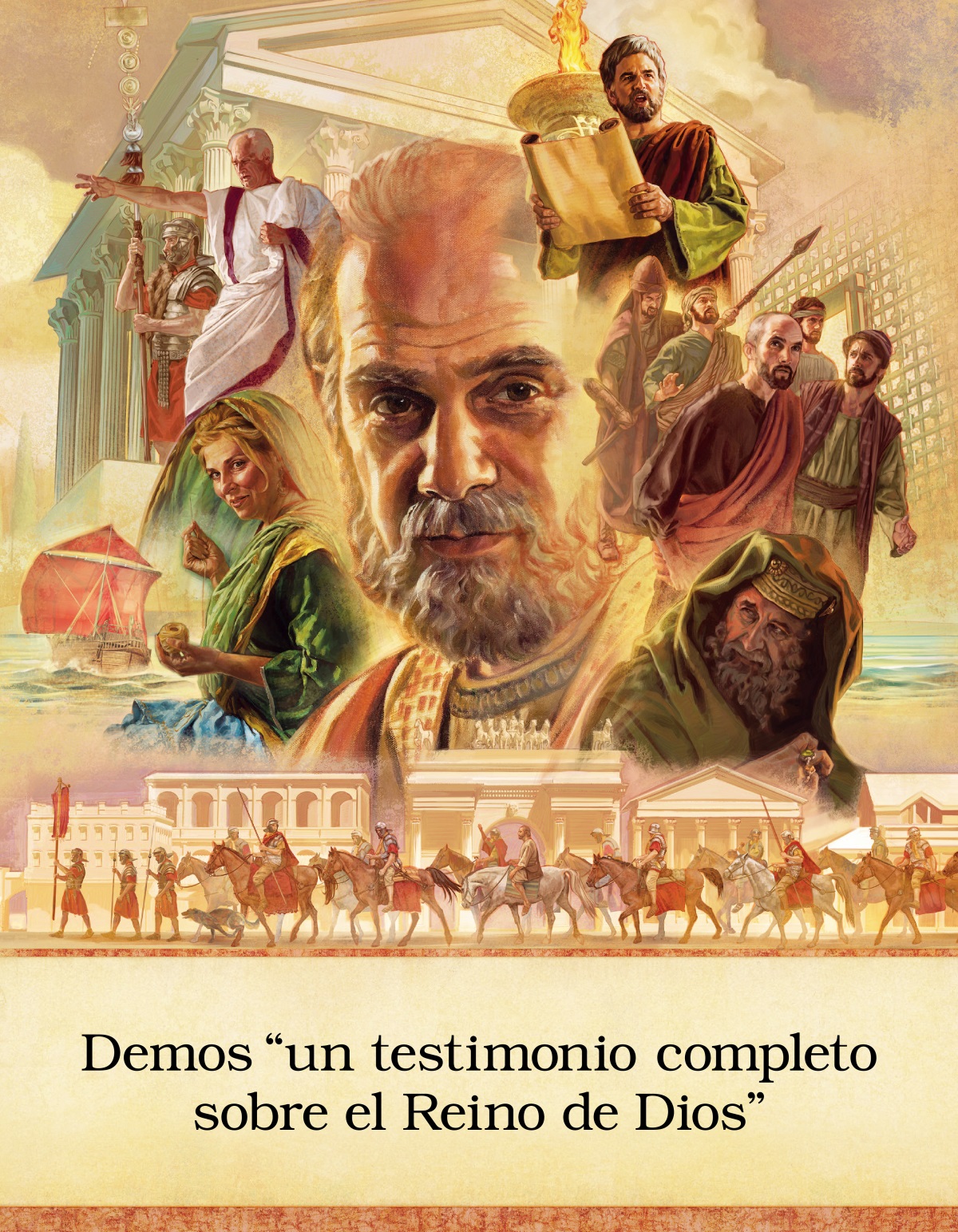 Imágenes de personajes y escenarios del libro de Hechos. 1. El apóstol Pablo. 2. Tabita cosiendo ropa. 3. Barco mercante romano. 4. Galión hablando muy enojado. Está de pie junto a un soldado romano. 5. Un edificio impresionante del primer siglo. 6. Lucas leyendo de un rollo enfrente de una antorcha. 7. Un guardia del templo escoltando a varios apóstoles. 8. Un saduceo. 9. Soldados romanos a pie y a caballo atravesando una ciudad mientras escoltan a Pablo.