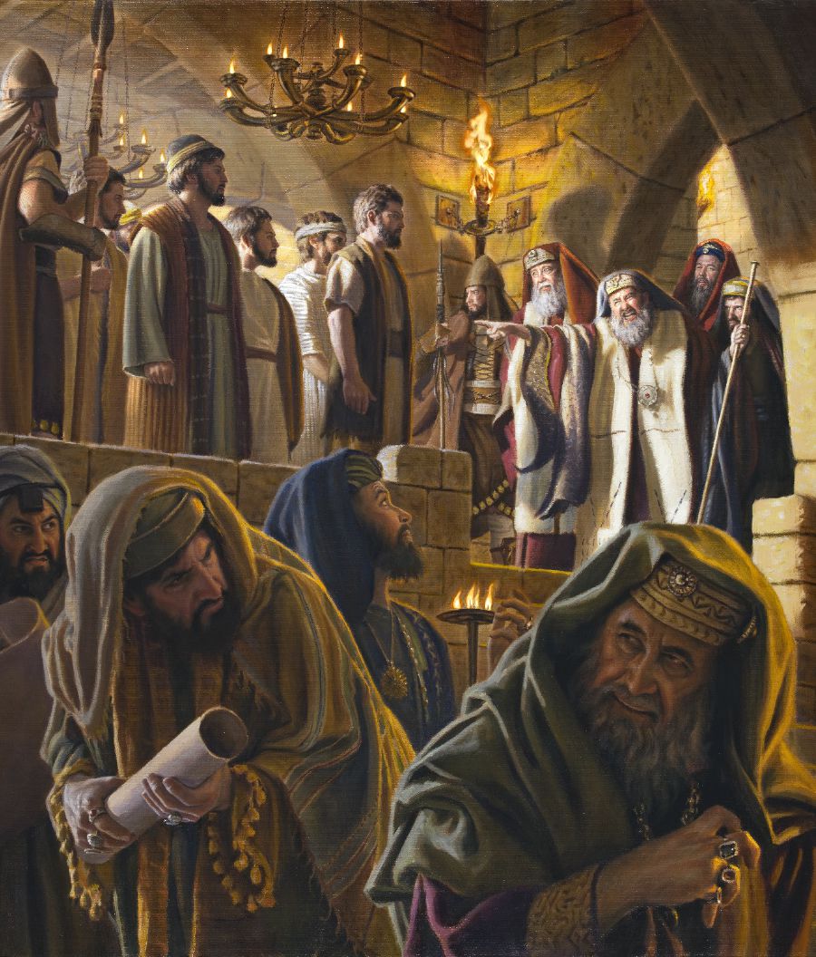 Caifás, lleno de furia, acusando a los apóstoles delante de otros miembros del Sanedrín.