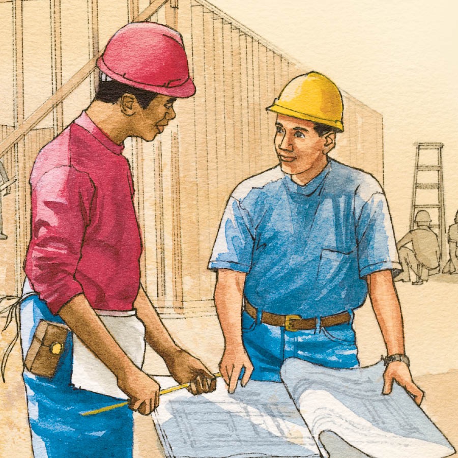 Dos hombres trabajan juntos en la construcción de un edificio