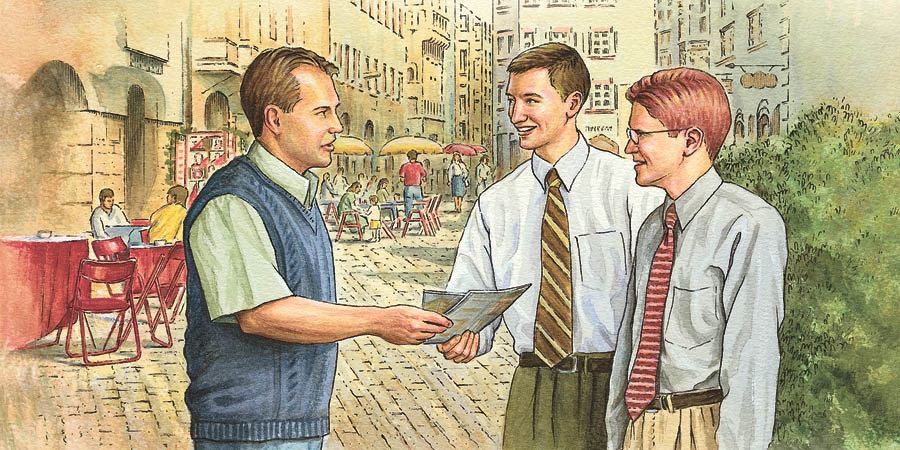 Dos testigos de Jehová predicándole a un señor
