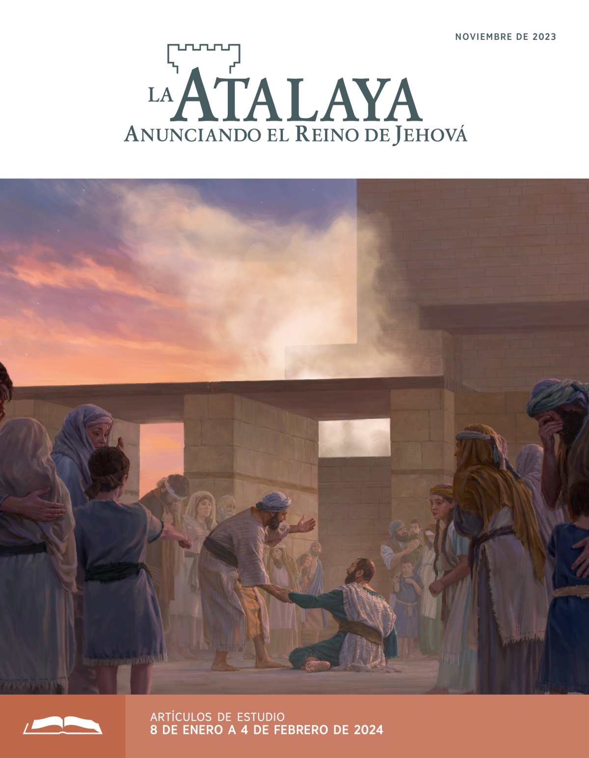 Esdras llorando en el templo con otros israelitas. Secanías lo ayuda a levantarse.