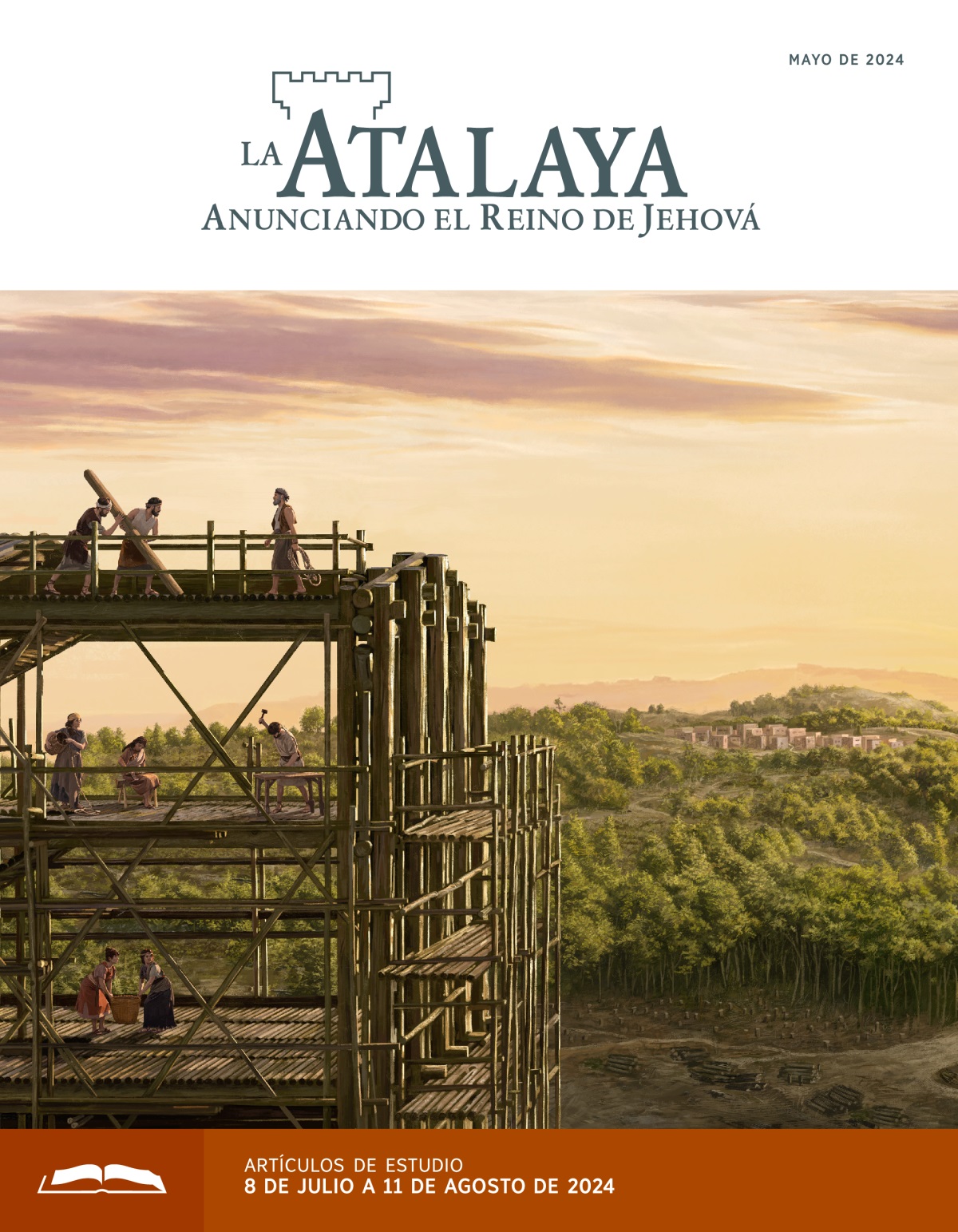 Noé y su familia trabajan en la construcción del arca. A lo lejos se ve un pueblo rodeado por el bosque.