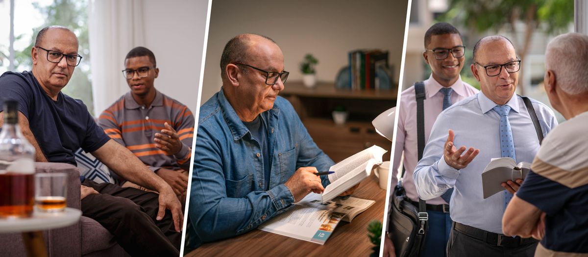 Serie de imágenes: 1. Un anciano joven le habla a un hermano que mira una botella de licor y un vaso medio lleno. 2. El hermano analiza lo que dicen la Biblia y la lección 43 del libro “Disfrute de la vida”. 3. El anciano joven y el hermano predican juntos de casa en casa.