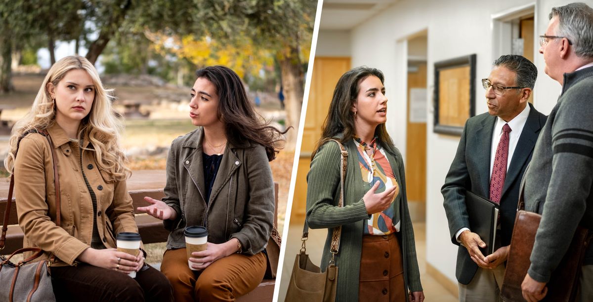 Serie de imágenes: 1. Dos hermanas están en un parque, sentadas en un banco y tomando café. Una de ellas le está hablando a la otra, que está mirando hacia otro lado. 2. Más tarde, la hermana que estaba hablando está en el Salón del Reino y les está contando algo a dos ancianos.