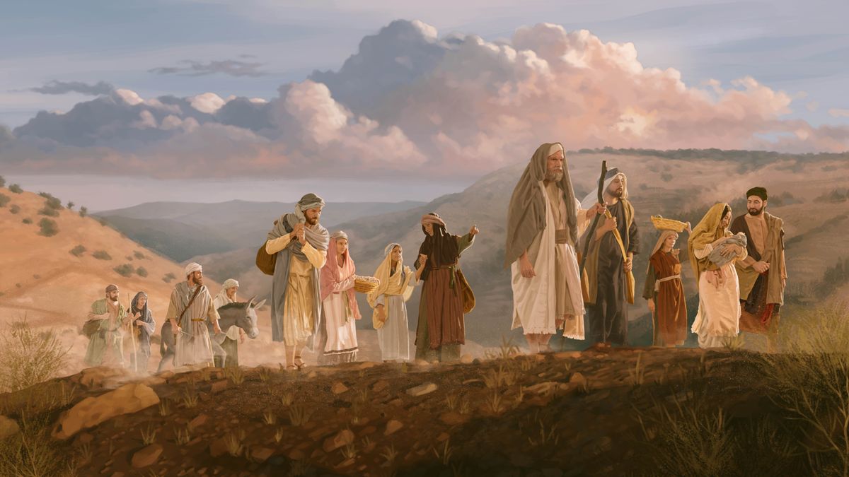 Un grupo de cristianos del siglo primero atraviesa una región montañosa con sus pertenencias.