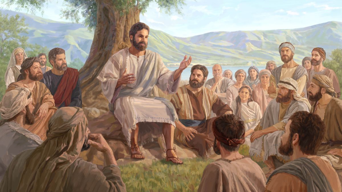 Jesús pronunciando el Sermón del Monte ante una gran multitud.