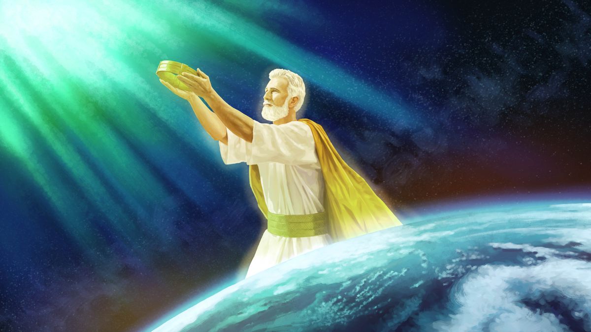 Jesús en el cielo, entregándole su corona a Jehová.