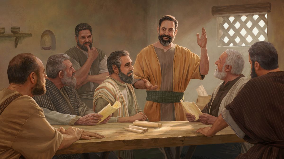 Santiago les habla a algunos apóstoles y ancianos de Jerusalén. Dos de los hermanos tienen abiertos unos rollos mientras lo escuchan.