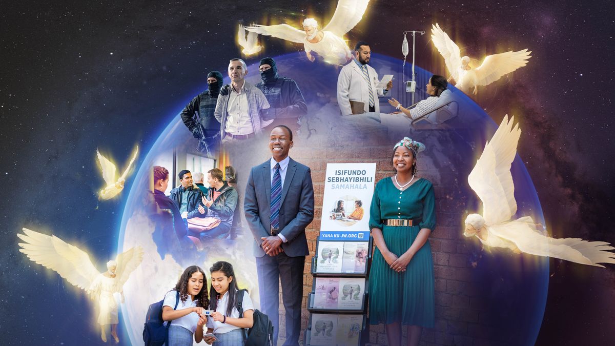 Imágenes que muestran a varios hermanos por todo el mundo participando en la santificación del nombre de Jehová mientras unos ángeles vuelan por encima de ellos. 1. Un matrimonio predicando con el carrito. 2. Una hermana joven le da una tarjeta de contacto de jw.org a una compañera de clase. 3. Un hermano le predica a un hombre en el transporte público. 4. A un hermano se lo llevan esposado unos oficiales encapuchados. 5. Una hermana que está en cama en el hospital le explica a un médico su postura sobre la sangre.