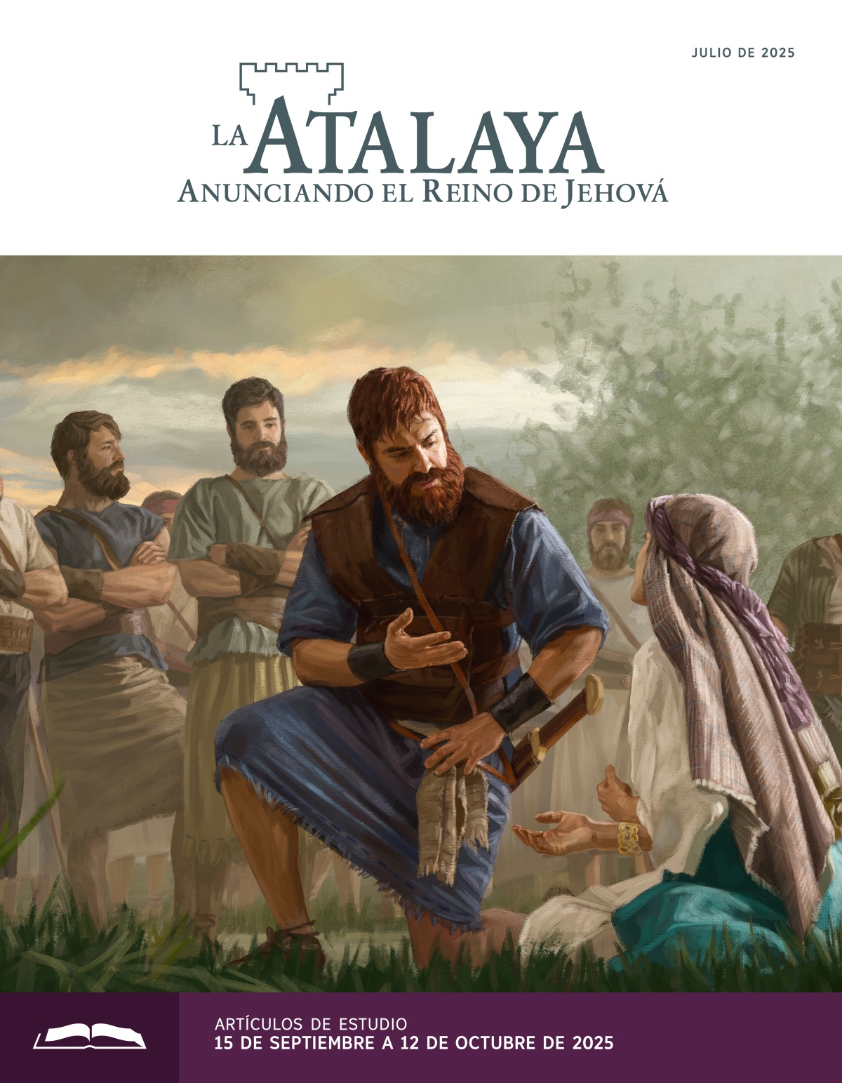 El rey David escucha con atención a Abigaíl, quien está sentada en el suelo pidiéndole que siga su consejo. Los hombres de David están detrás de él y los observan a los dos.