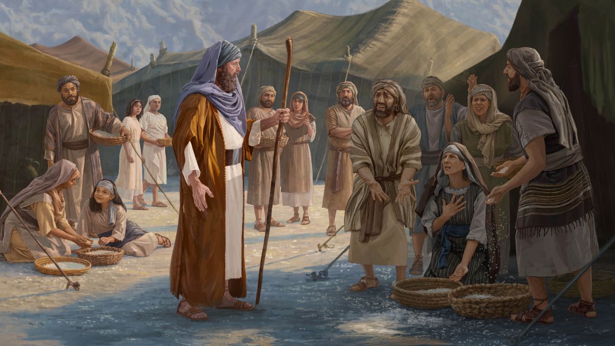 Varios israelitas quejándose ante Moisés por el maná que están recogiendo, mientras a su alrededor otros siguen recogiendo y los observan.