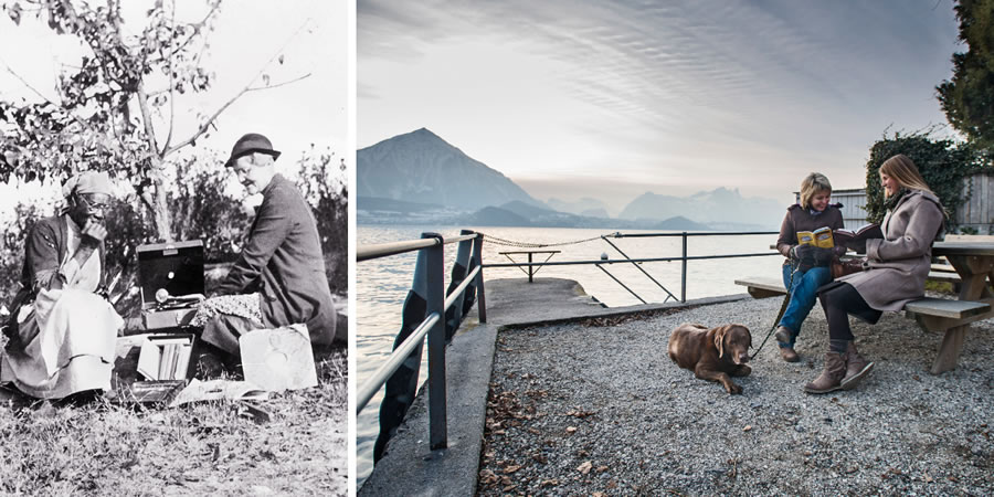 1. Agwiriskiya ntchitu giramafoni pakupharazga uthenga wa m’Bayibolu kukumaliya kwa vyaka va m’ma 1930; 2. Kaboni waku Yehova wachitiska sambiru la Bayibolu pabwalu pa nyumba ku Switzerland