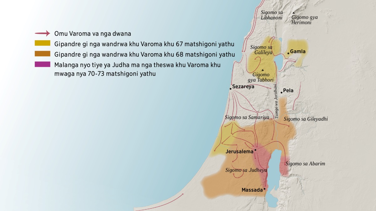 Mapa nyo khaguri yi yeyedzago sigomo ni madhoropa ya Israyeli ndrani nya lizana myaga nyo pheye. Norte ga Jerusalema somo sigomo sa Sigomo sa Libhanoni, Galileya, Samariya, ni Gileyadhi, gu pata Gigomo gya Herimoni ni Gigomo gya Tabhori. Madhoropa ya norte ya Jerusalema i Gamla, Sezareya ni Pela. Sul ga Jerusalema Sigomo sa Judheya ni Abarim, gu pata lidhoropa la Massada. Mapa gambe ya gu yeyedza omu Varoma va nga dwana ni sipandre si nga wandrwa khu Varoma khu 67 ni 73 matshigoni yathu