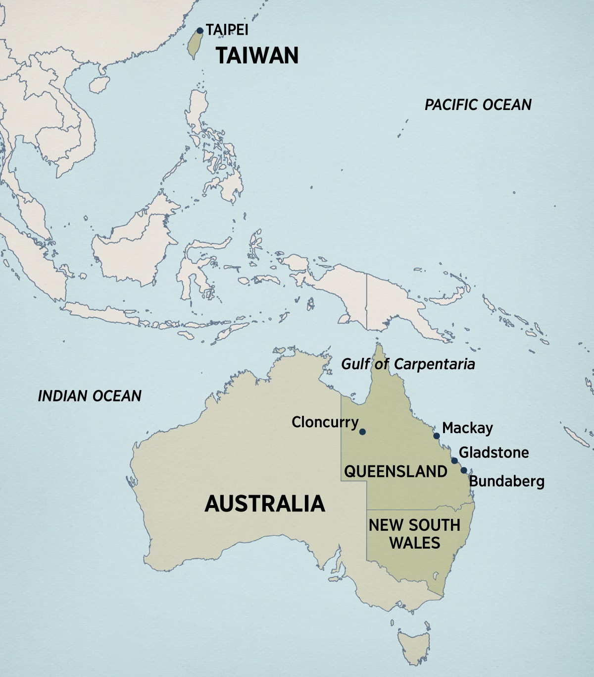 Maapu ya Australia a eastern Asia, iitondezya masena ba Terry mobakali kukkala akukambaukila, alo aabikkilizya: Taipei, Taiwan; Gulf of Carpentaria, Cloncurry, Mackay, Gladstone, Bundaberg mu Queensland, Australia; New South Wales, alimwi a Australia.
