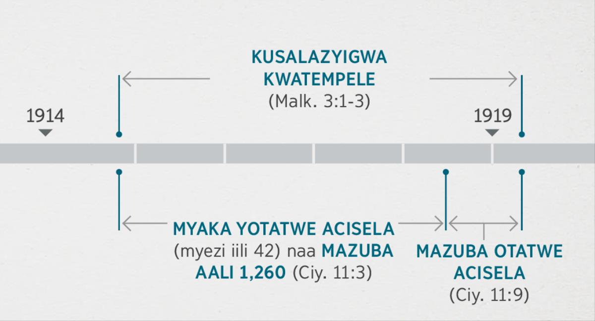 Lugwalo lwa Ciyubunuzyo 11:​1, 2 luswaanganya zintu eezyi izyakacitika kukulingulwa alimwi akusalazyigwa kwatempele lyakumuuya ikwaambidwe kulugwalo lwa Malaki 3:​1-3. Ccaati yabusinsimi itondezya: kusalazyigwa kwatempele kuzwa kumamanino aamwaka wa 1914 kusikila kumatalikilo aamwaka wa 1919; myaka yotatwe acisela naa mazuba aali 1,260 kuzwa kumamanino aamwaka wa 1914 kusikila kumatalikilo aamwaka wa 1918; mazuba otatwe acisela kuzwa kumatalikilo aamwaka wa 1918 kusikila kumatalikilo aamwaka wa 1919.