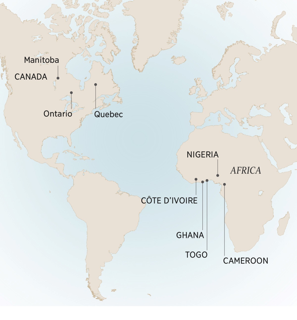 Maapu iitondezya masena ba André nkobakakkala alimwi akubelekela: Manitoba, Ontario, Quebec, Canada; Cameroon, Côte d’Ivoire, Ghana, Nigeria, Togo, Africa.