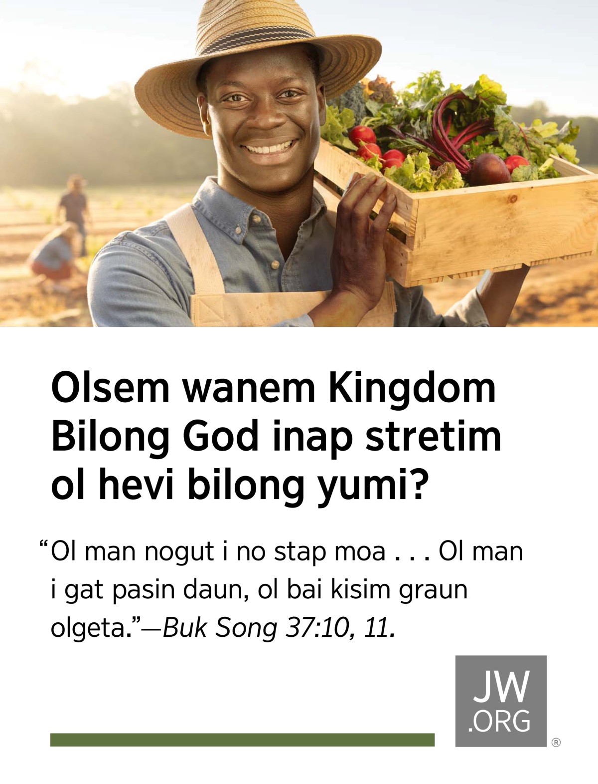 Wanpela fama i amamas wantaim na karim long solda bilong em wanpela boks i gat ol prut na kumu samting em ol i kisim long gaden.