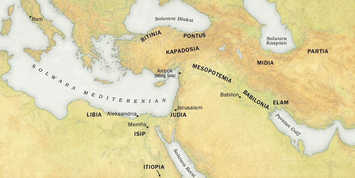 Mep i soim ples bilong ol manmeri husat i harim gutnius long Pentikos 33 C.E. 1. Ol rijen: Libia, Isip, Itiopia, Bitinia, Pontus, Kapadosia, Judia, Mesopotemia, Babilonia, Elam, Midia, na Partia. 2. Ol siti: Rom, Aleksandria, Memfis, Antiok (bilong Siria), Jerusalem, na Babilon. 3. Ol solwara: Solwara Mediterenian, Solwara Blaksi, Solwara Retsi, Solwara Kaspian, na Persian Galf.