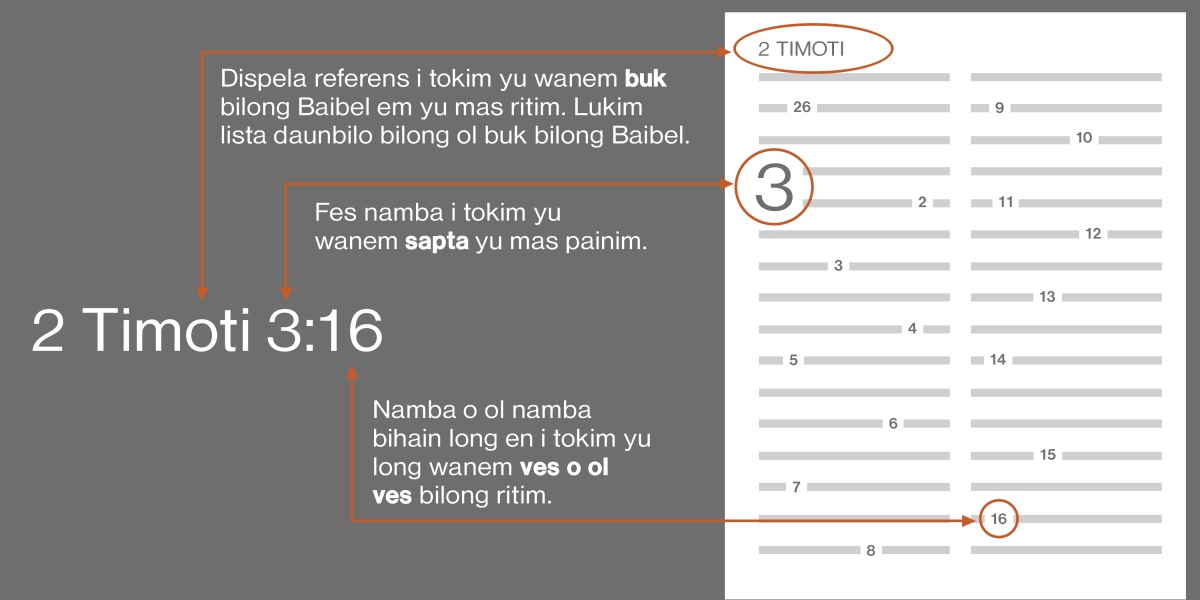 Rot bilong painim ol ves bilong Baibel, yusim 2 Timoti 3:16 olsem eksampel. Dispela referens i tokim yu long wanem buk bilong Baibel yu bai painim olsem buk bilong 2 Timoti (lukim lista i stap aninit bilong lukim ol buk bilong Baibel kirap long fes buk na i go). Fes namba i soim sapta yu mas painim, olsem sapta 3. Namba o ol namba we i stap bihain i soim ves o ol ves bai yu ritim, olsem ves 16.