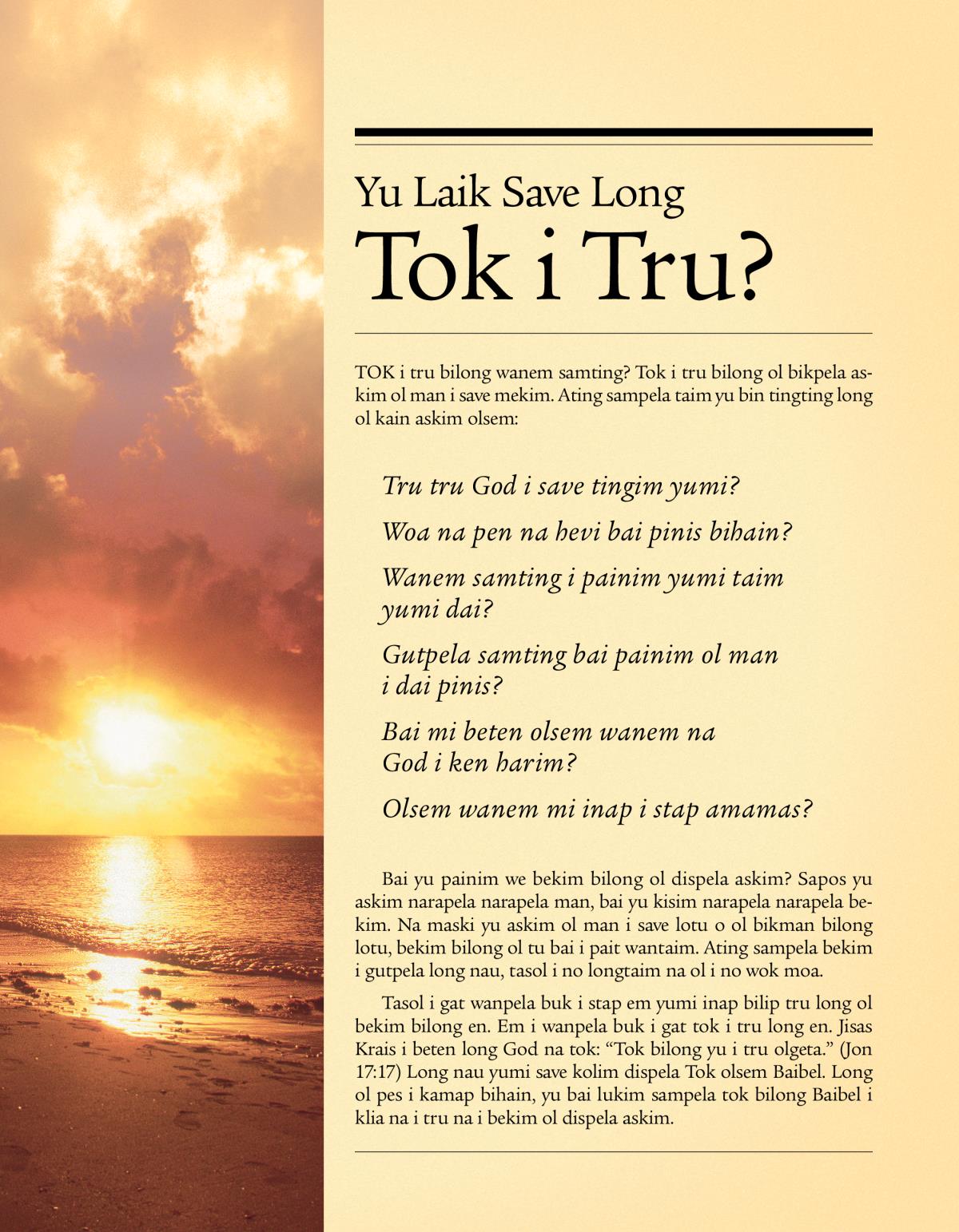 Cover of the tract Yu Laik Save Long Tok i Tru?