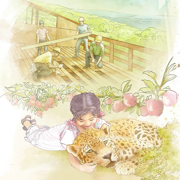 1. Building houses in Paradise; 2. A little girl playing with a leopard