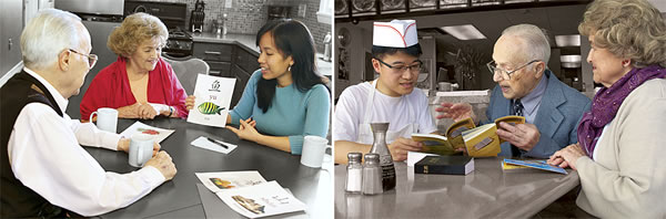 1. Two of Jehovah’s Witnesses learning Chinese; 2. Two of Jehovah’s Witnesses teaching the Bible to a Chinese man