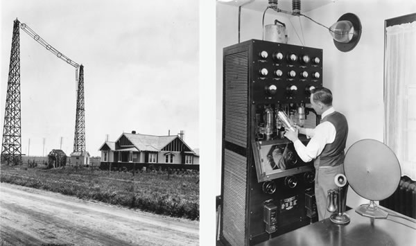 1. A radio station in Edmonton, Alberta; 2. A man working on a transmitter