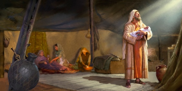 Abraham i holim nupela bebi bilong em, Aisak, na ol meri i lukautim Sara