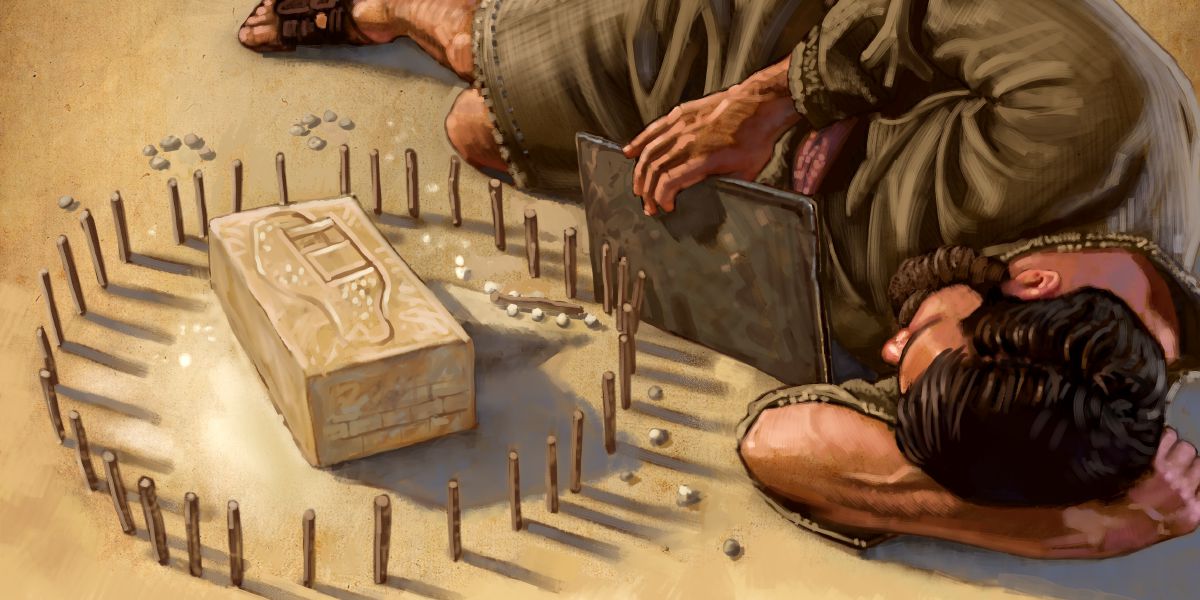 Esekiel i katim piksa bilong taun Jerusalem antap long wanpela brik na em i slip long left sait bilong em na lukluk long dispela brik