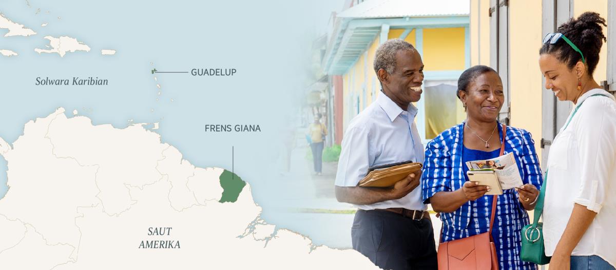 Grup piksa: 1. Mep i soim Solwara Karibian, Guadelup, na Frens Giana long Saut Amerika. 2. Jack na Marie-Line i autim tok long wanpela meri.
