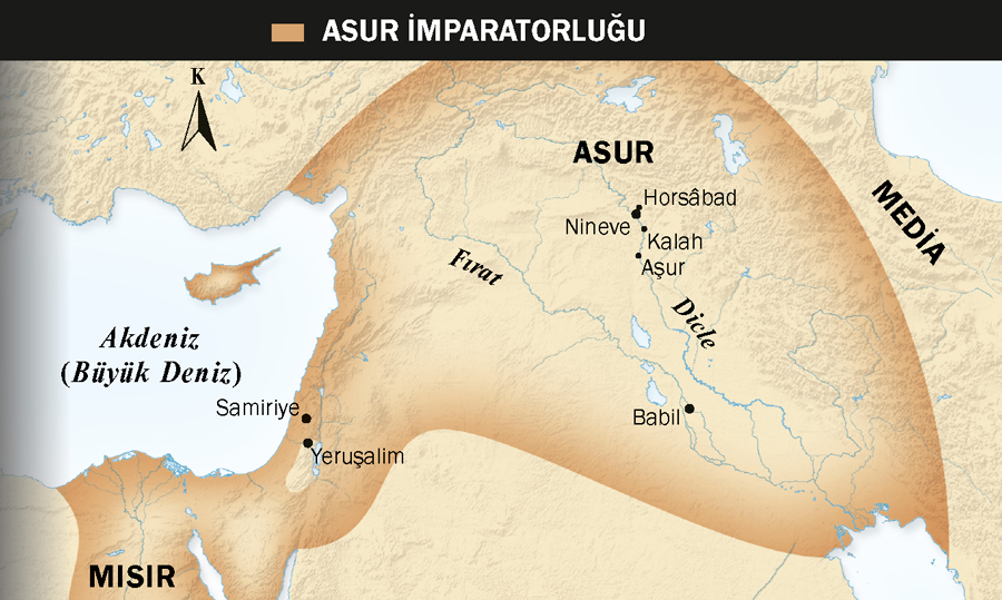 1. Asur’un kanatlı boğası; 2. Asur İmparatorluğunun haritası