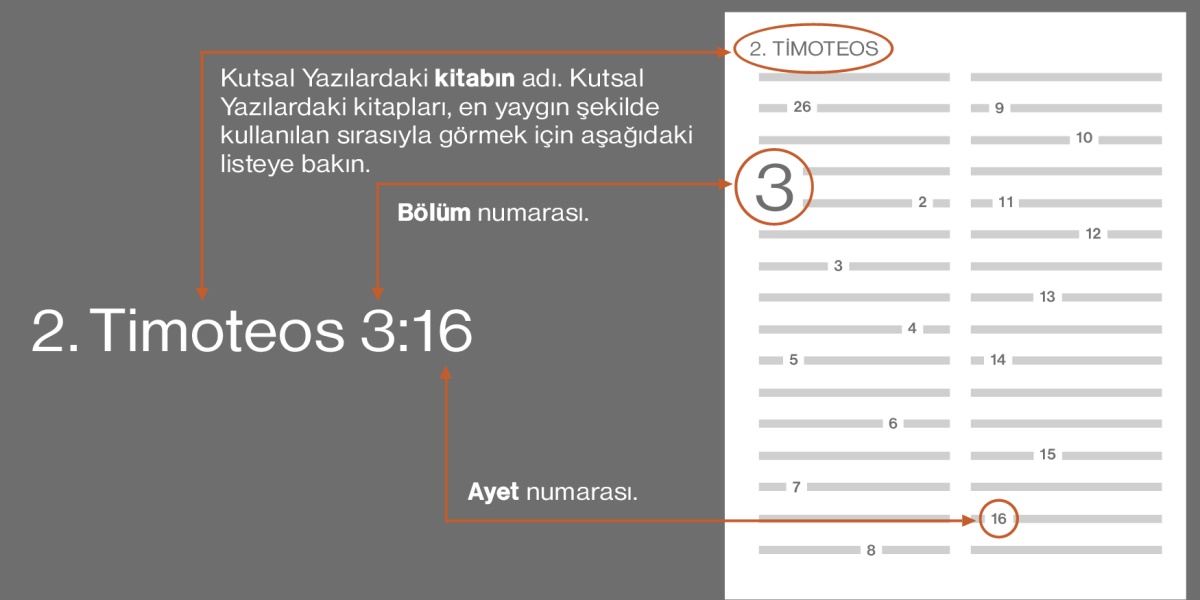 2. Timoteos 3:16’yı kullanarak Kutsal Kitapta ayetleri nasıl bulabileceğimizi öğrenelim. 2. Timoteos Kutsal Kitapta bulunan kitaplardan biridir. Kutsal Kitapta bulunan kitap isimleri size kitapların yerlerini bulmak için yardımcı olacak. (Kutsal Yazılardaki kitapları en yaygın şekilde kullanılan sırasıyla görmek için aşağıdaki listeye bakabilirsiniz.) İlk rakam yani 3, hangi bölümü bulmamız gerektiğini gösterir. Ardından gelen 16 gibi rakam veya rakamlar hangi ayeti okumanız gerektiğini gösterir.
