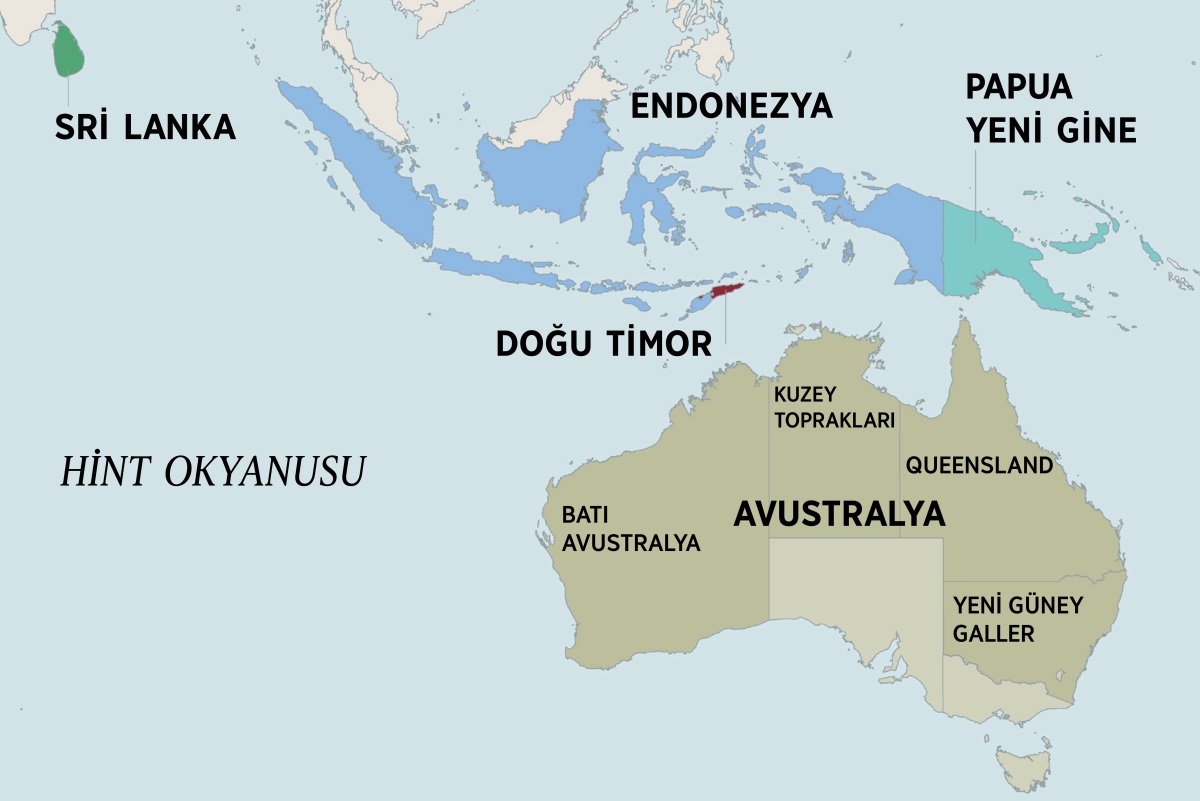 Sri Lanka, Endonezya, Papua Yeni Gine ve Doğu Timor dahil olmak üzere Avustralya ve çevresindeki ülkelerin haritası. Avustralya haritasında Kuzey Bölgesi ile Batı Avustralya, Queensland ve Yeni Güney Galler eyaletleri yer almaktadır.