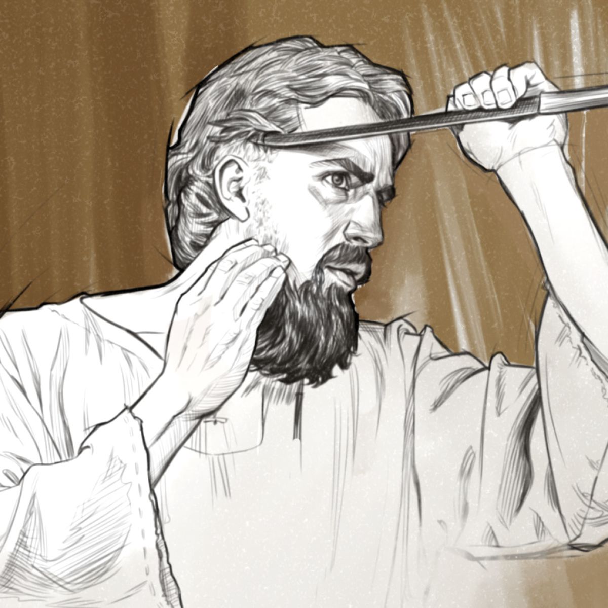 Hezekiel başını tıraş ediyor.