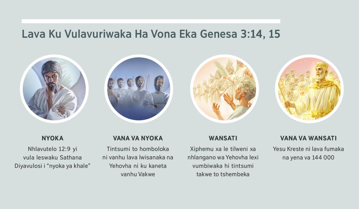 Swifaniso: “Lava Ku Vulavuriwaka Ha Vona Eka Genesa 3:14, 15.” 1. Nyoka: Sathana u hlamuseriwa tanihi xivumbiwa xa moya. 2. Vana va nyoka: i tintsumi to homboloka. 3. Wansati: tintsumi to tshembeka. 4. Vana va wansati: Yesu Kreste na vahlawuriwa lava nga ta fuma na yena etilweni. Swiendlakalo leswi swi tlhela swi vuyelela eka tindzimana 4, 5, 7, na 8.