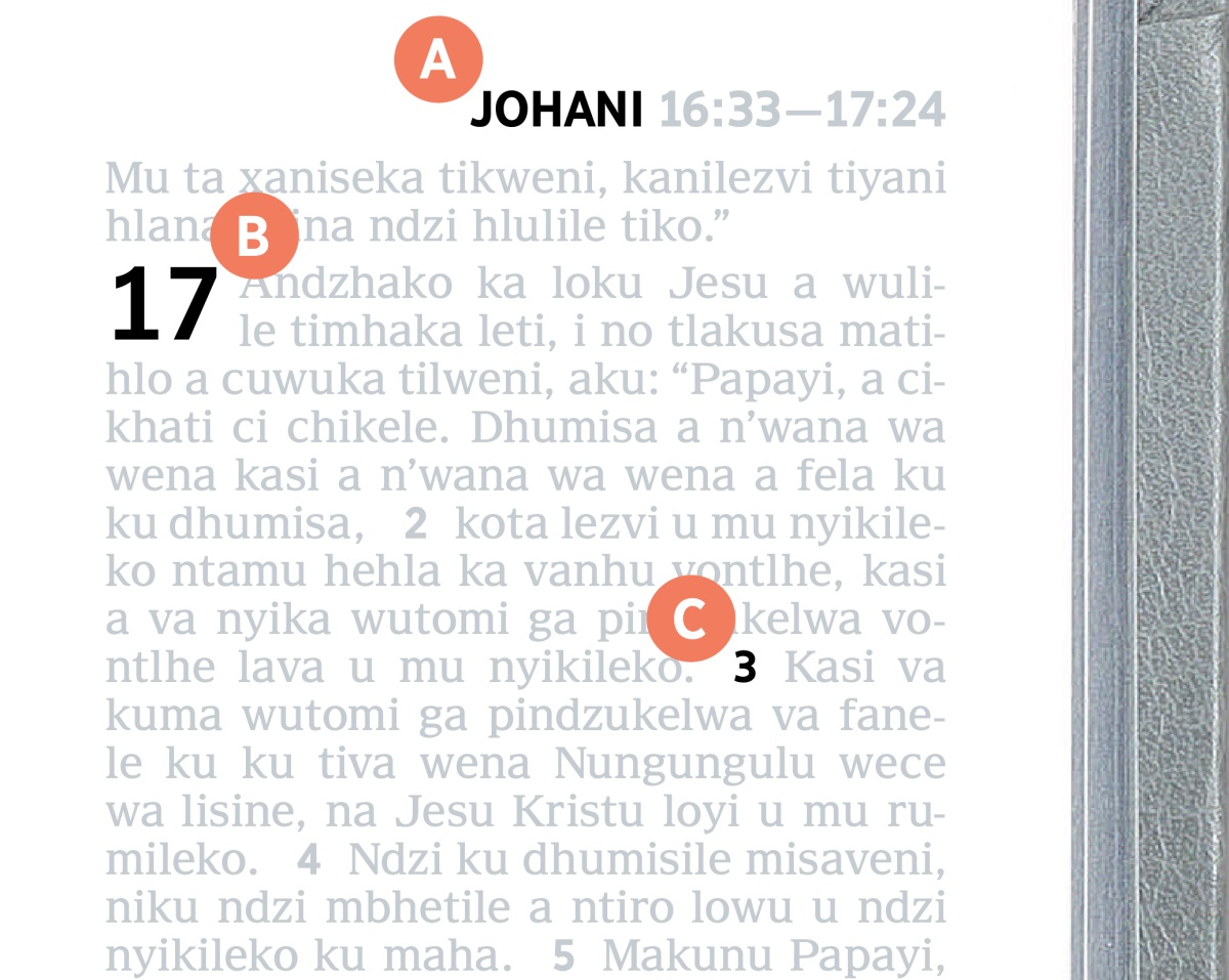 Tlhamuselo wa lezvi zvi kombisiwako hi letra A, B ni C ka pajina go kari ga Bhibhiliya.