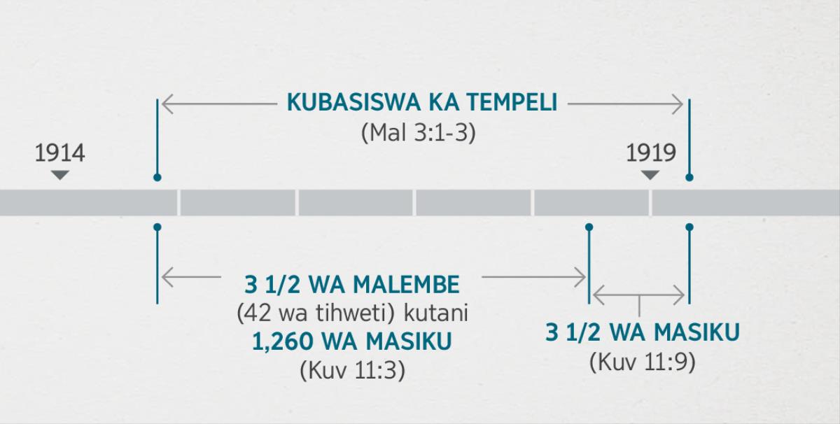 Kuvhululelwa 11:1, 2 i patsa a zvimaho lezvi zva ku hlola ni kubasisiwa ka tempeli ku wuliwako lomu ka Malaki 3:1-3. Xaxameto wa cikhati ca wuphrofeti wu komba: Kubasiswa ka tempeli kusukela kwalomu ka 1914 kala kusanguleni ka 1919; malembe manharu ni khihlanya kutani 1260 wa masiku kusukela kwalomu ka 1914 kala kusanguleni ka 1918 masiku manharu ni khihlanya kusanguleni ka va 1918; kala kusanguleni ka 1919.