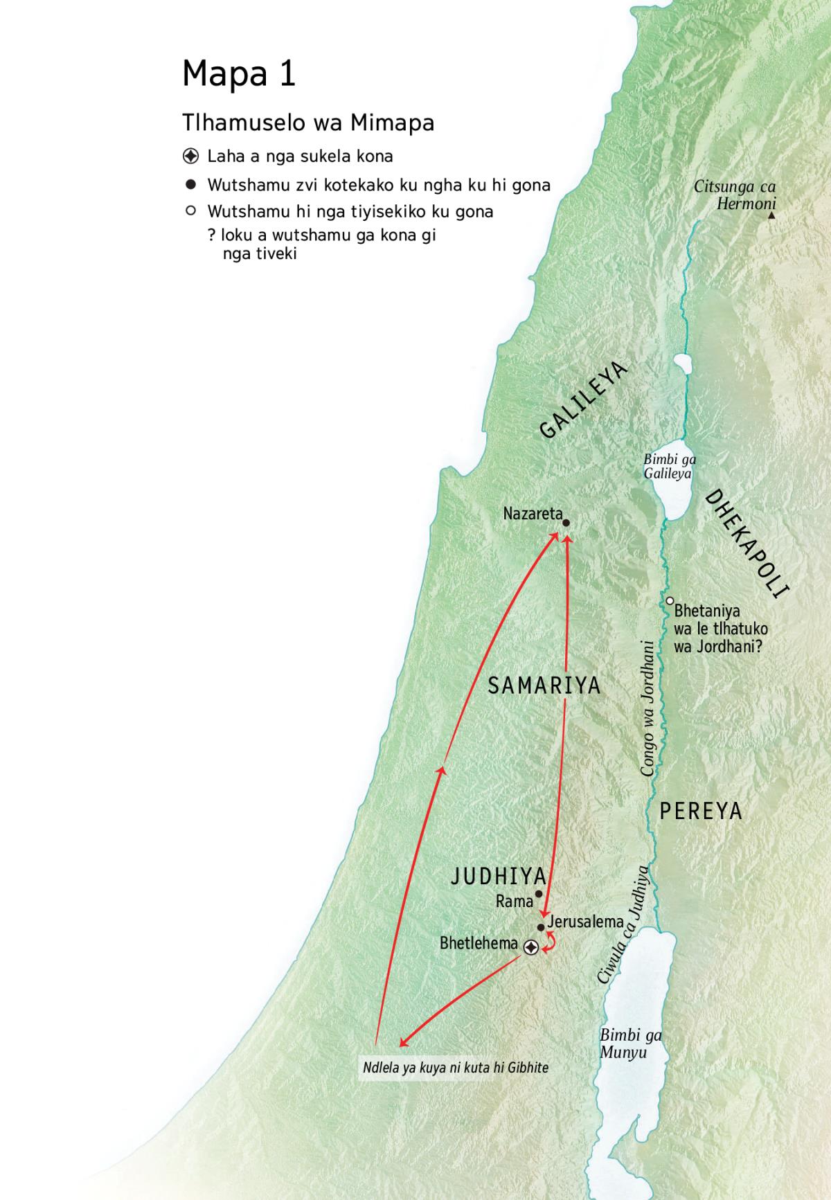 Mapa wa matshamu ma yelanako ni wutomi ga Jesu: Bhetlehema, Nazareta, Jerusalema