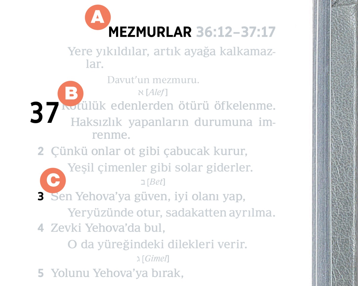 Kutsal Kitabın bir sayfasında A, B ve C kısımlarını gösteren işaretler.
