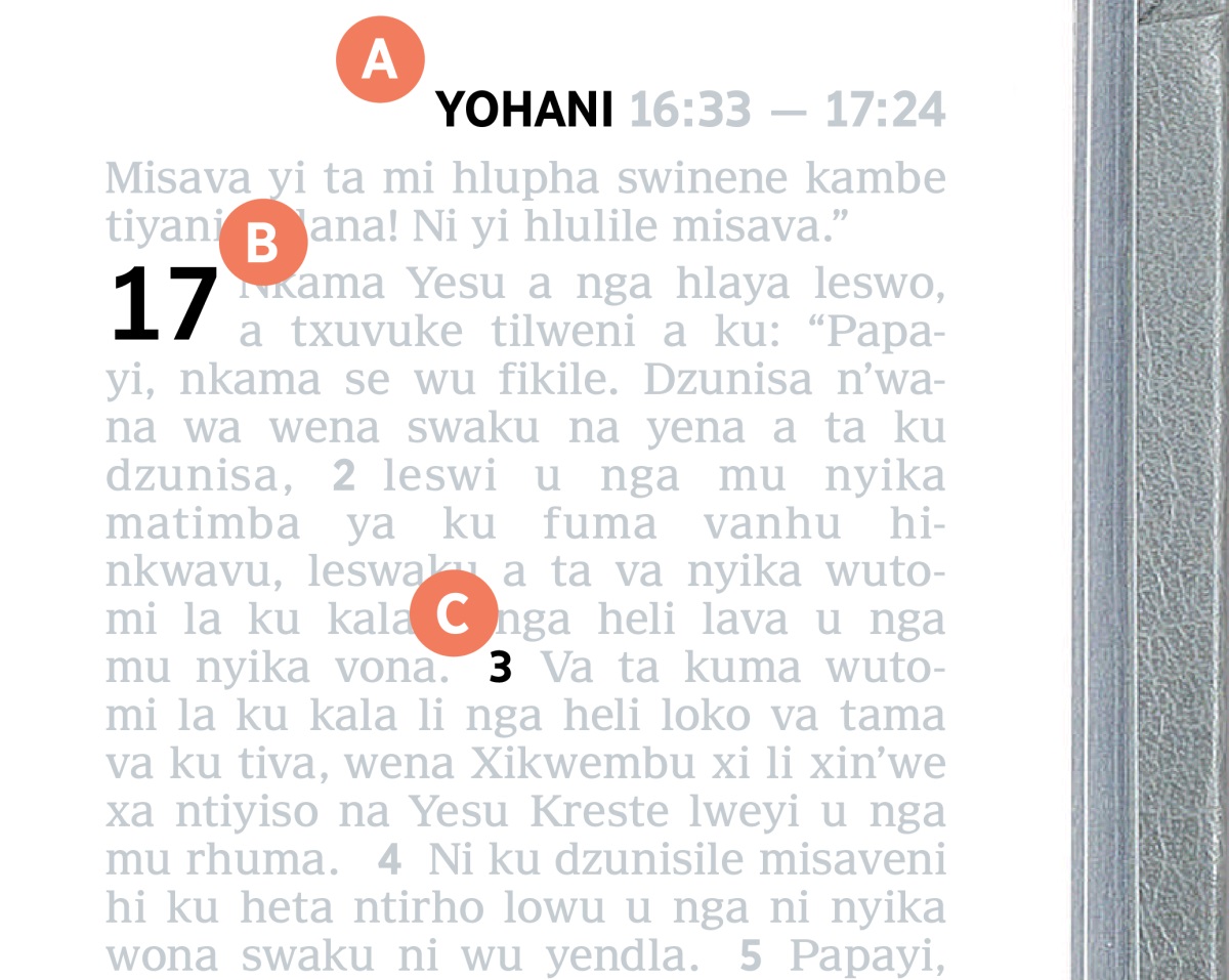 Maletra A, B, ni C lawa ma kombisiwaka ka pajina la Bibele.