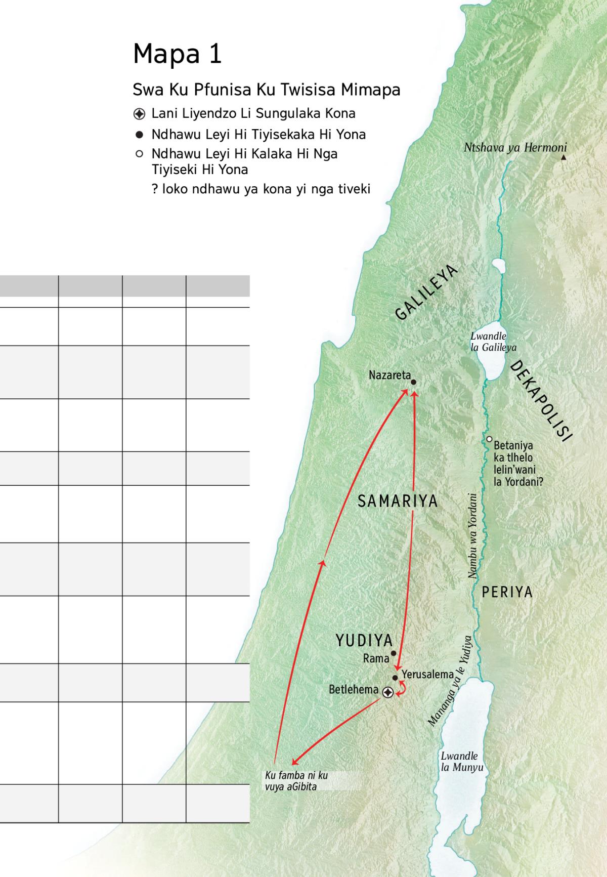 Mapa lowu kombisaka tindhawu leti Yesu a nga va ka tona: Betlehema, Nazareta, Yerusalema
